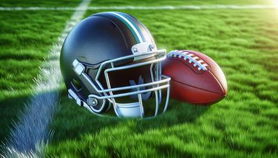 Ballon de rugby et casque de la NFL sur un terrain en herbe.