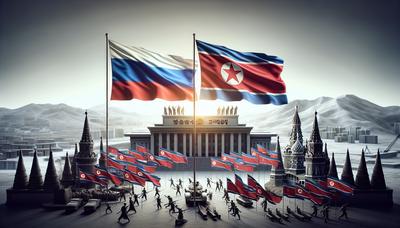 Russische und nordkoreanische Flaggen über einem historischen Zeitlinien-Hintergrund