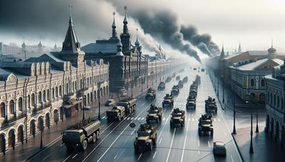 Edificios rusos con humo y vehículos militares en las calles.