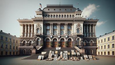 Bâtiment de tribunal russe avec des banderoles de protestation à l'extérieur.