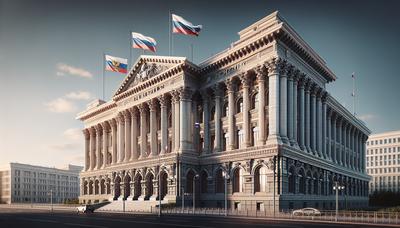 Extérieur d'un palais de justice russe avec des drapeaux français et russes.