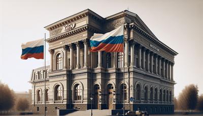 Palais de justice russe avec drapeaux français et russes visibles.