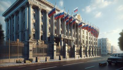 Ambassade de Russie avec des drapeaux et une barrière de sécurité.