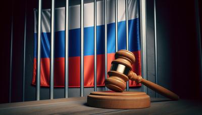 刑務所の鉄格子の背後にあるロシアの国旗と木槌。

