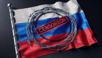 Bandera rusa con sello de censura y alambre de púas