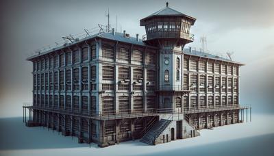 Prigione russa con finestre sbarrate e torre di guardia.