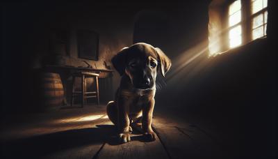 Chiot triste assis seul dans une pièce sombre.