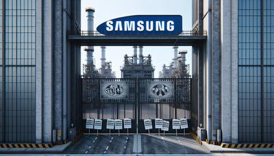I cancelli della fabbrica Samsung chiusi con cartelli di sciopero affissi.