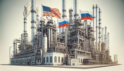 Usine sanctionnée avec le drapeau américain et le drapeau russe.