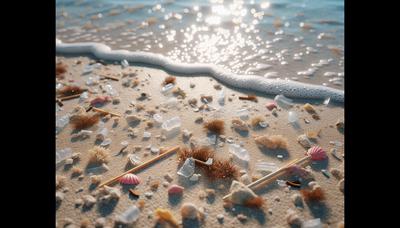 Sandstrand mit verstreuten kleinen Plastikpartikeln.