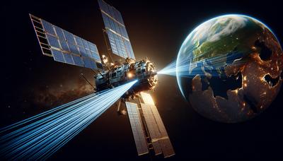 Satélite emitindo lasers em direção ao espaço e à Terra.