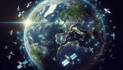 Satélites orbitando densamente a Terra com linhas de rede brilhantes.