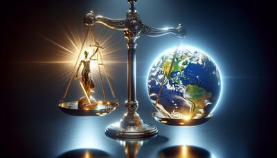 Balances équilibrant la Terre et symbole de justice sur le globe.