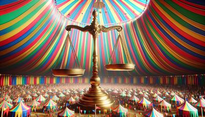 Balances de la justice sur fond de chapiteau de cirque.