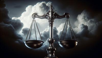 Balance de la justice contre un ciel sombre et nuageux.