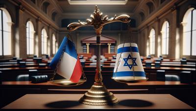 Balances de la justice équilibrées avec les drapeaux français et israélien.