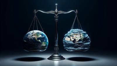 Bilancia della giustizia che equilibra la terra e le acque in aumento.