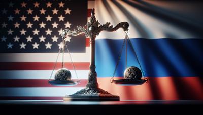 Balance de la justice devant les drapeaux des États-Unis et de la Russie.