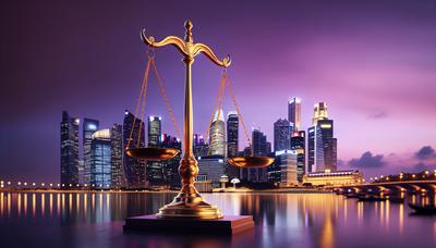 Balances de la justice au-dessus de la silhouette de Singapour au crépuscule.