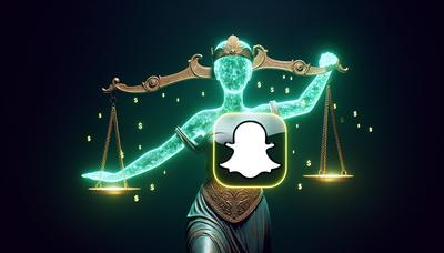 Balanzas de la justicia superpuestas con el logotipo de Snapchat y signos de dólar