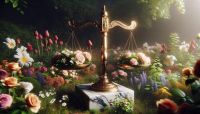 Balances de la justice entourées de fleurs épanouies.