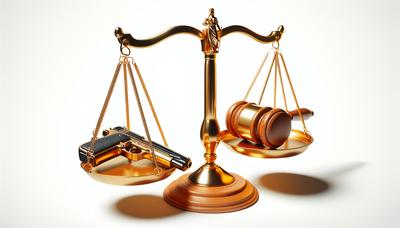 Les plateaux de la justice basculent avec un pistolet et un marteau.