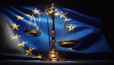 Weegschaal van gerechtigheid met EU-vlag op de achtergrond