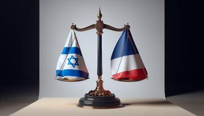 Balances de justice avec les drapeaux israélien et français.