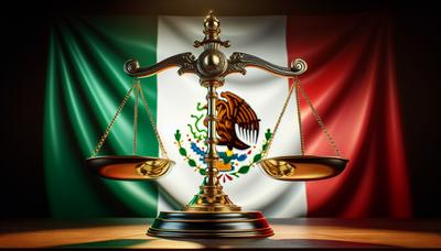 Weegschaal van justitie met Mexicaanse vlag op de achtergrond