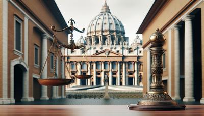 Balances de la justice avec le Vatican en arrière-plan.