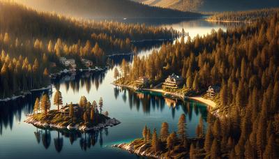 Lago Tahoe cênico com casas de férias e florestas.