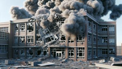 Edificio scolastico danneggiato da un'esplosione e fumo che si alza.

