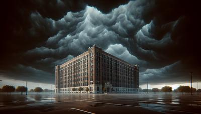 Edificio scolastico con un cielo tempestoso e minaccioso sopra.