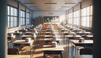 Salle de classe avec des bureaux vides et des livres.