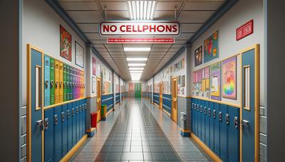 Couloir de l'école avec panneau d'avertissement "téléphones portables interdits".