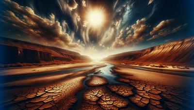 Verbrande landschap met uitdrogende rivier en gebarsten grond