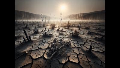 Paysage brûlé avec des plantes flétries et un sol craquelé.