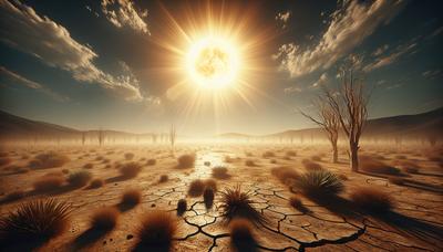 Snikhete zon boven verwelkende planten en droge grond