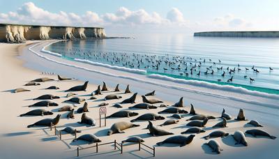 Phoques sur une plage avec des panneaux d'avertissement.