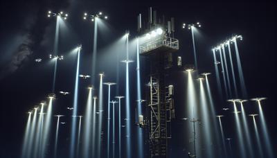 Reflectores iluminando el cielo nocturno con drones.