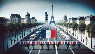 Barrières de sécurité autour des monuments de Paris avec le drapeau français.