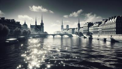 Eau scintillante de la Seine avec en arrière-plan les monuments de Paris.