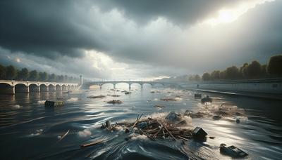 Seine avec des débris flottants et un ciel nuageux