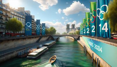 Seine avec des bannières des Jeux Olympiques de Paris 2024 visibles.