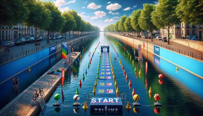 Seine avec bannières de départ de triathlon et bouées.