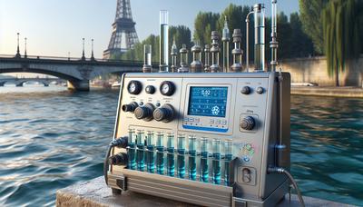 Équipement de test des eaux de la Seine avec le logo Paris 2024.