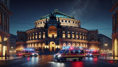 Semperoper nachts mit Einsatzfahrzeugen draußen.