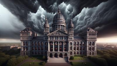 Edificio del Senado con nubes de tormenta amenazantes overhead.