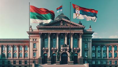 Palais de justice serbe avec les drapeaux biélorusse et serbe visibles.