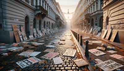 Serbiska protestskyltar och banderoller på gatan.